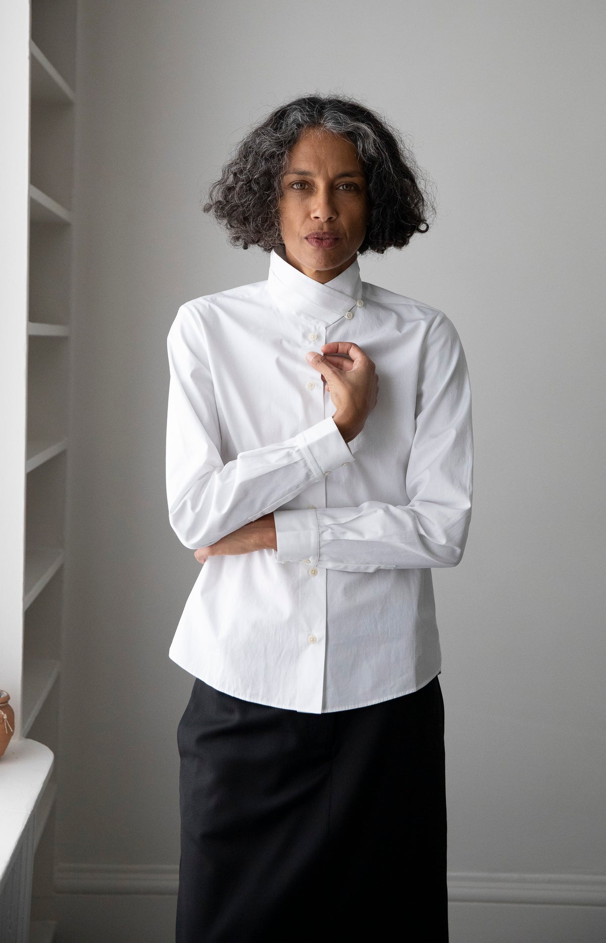 White Cummerbund Collar Button Up