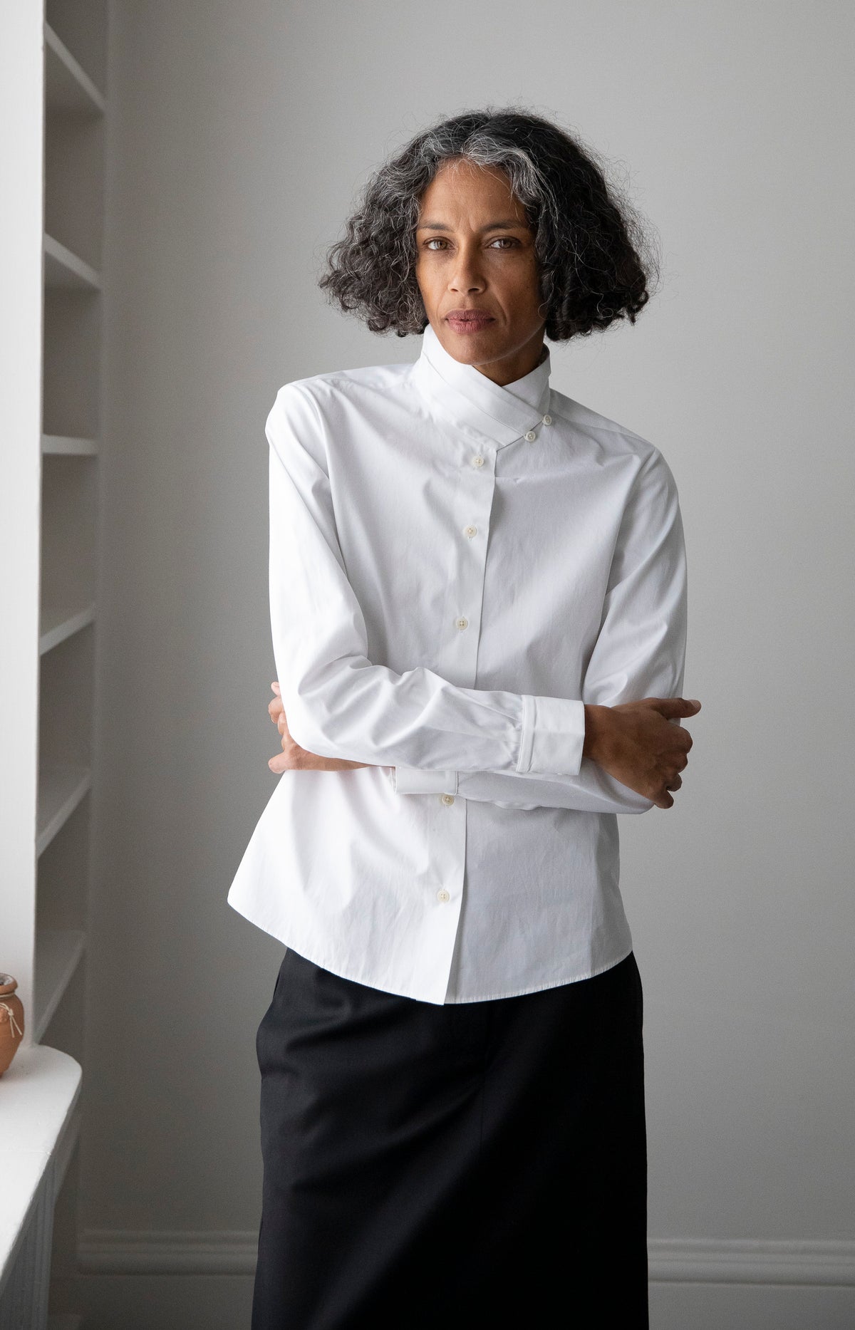 White Cummerbund Collar Button Up