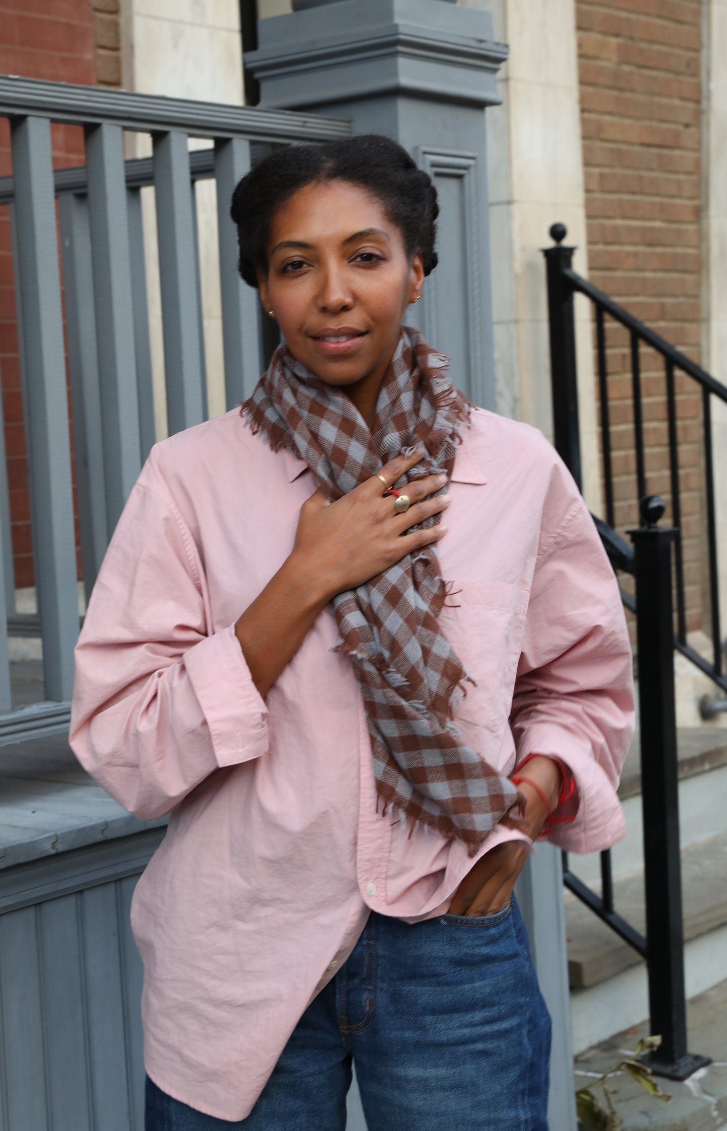 Brown & Steel Check Cashmere Scarf