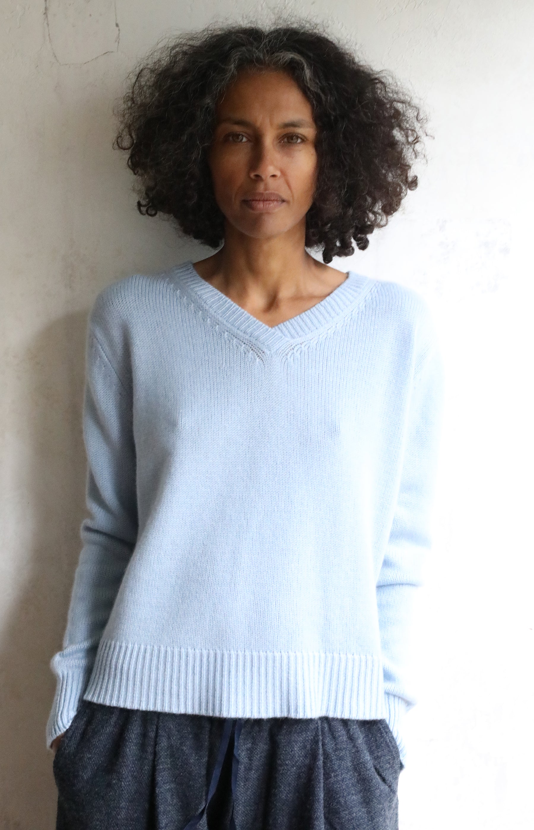Pale Blue V Neck Cashmere Sweater