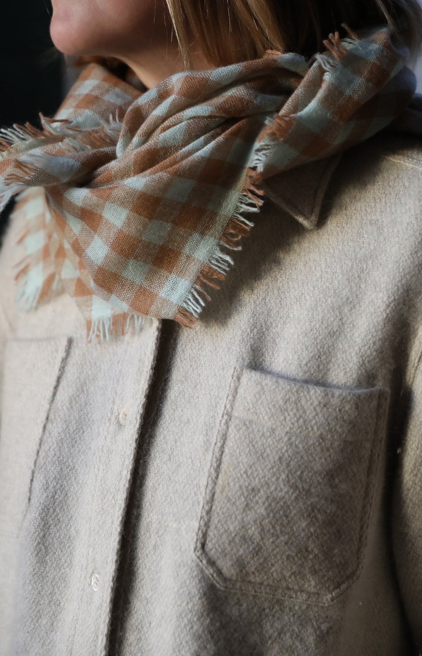 Seafoam & Camel Check Cashmere Scarf