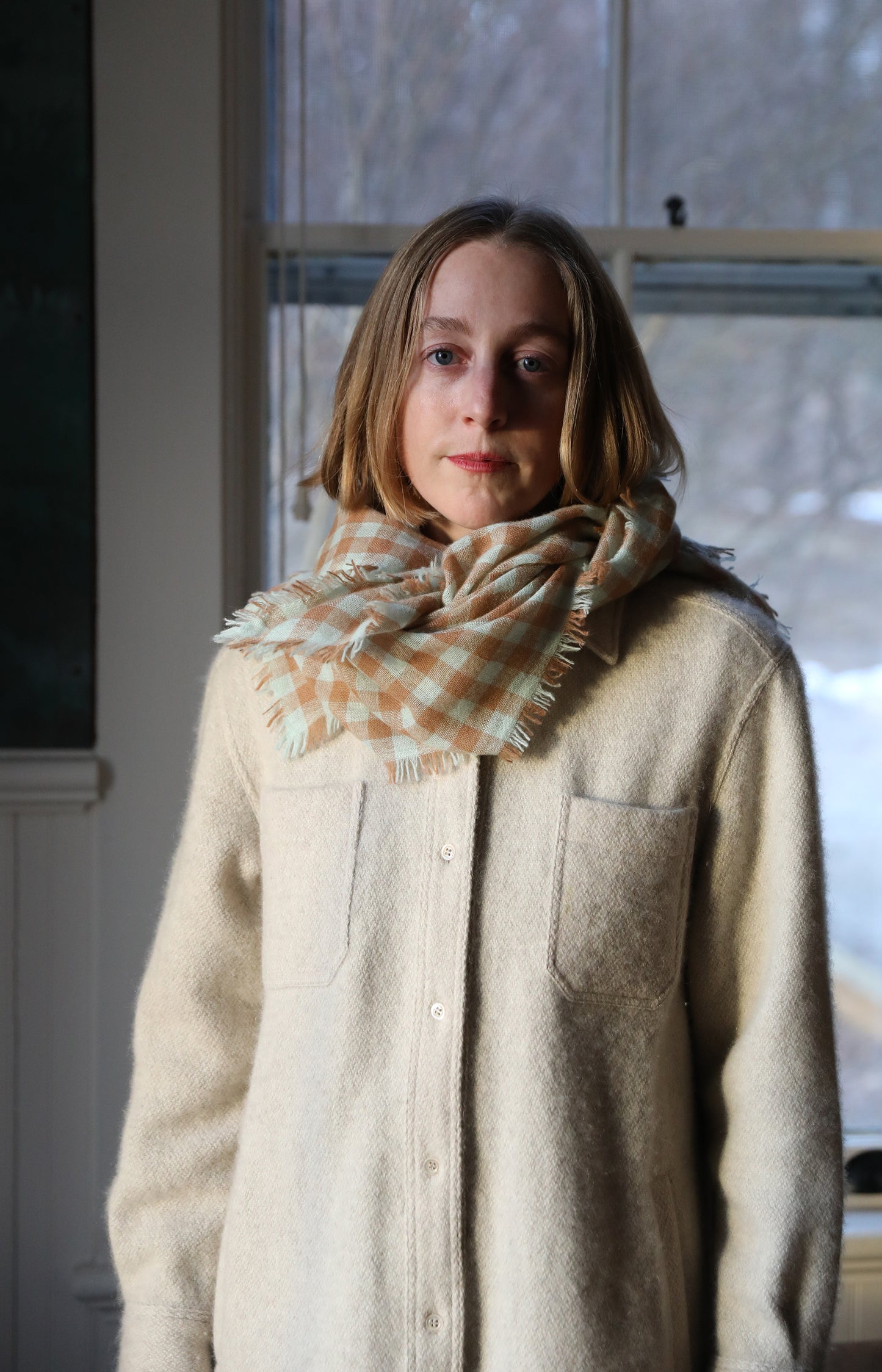 Seafoam & Camel Check Cashmere Scarf