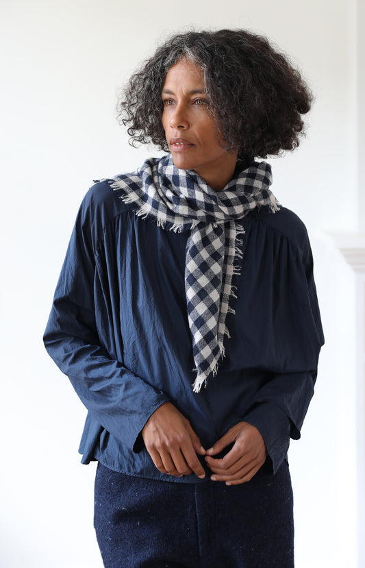 Navy & Chalk Check Cashmere Scarf