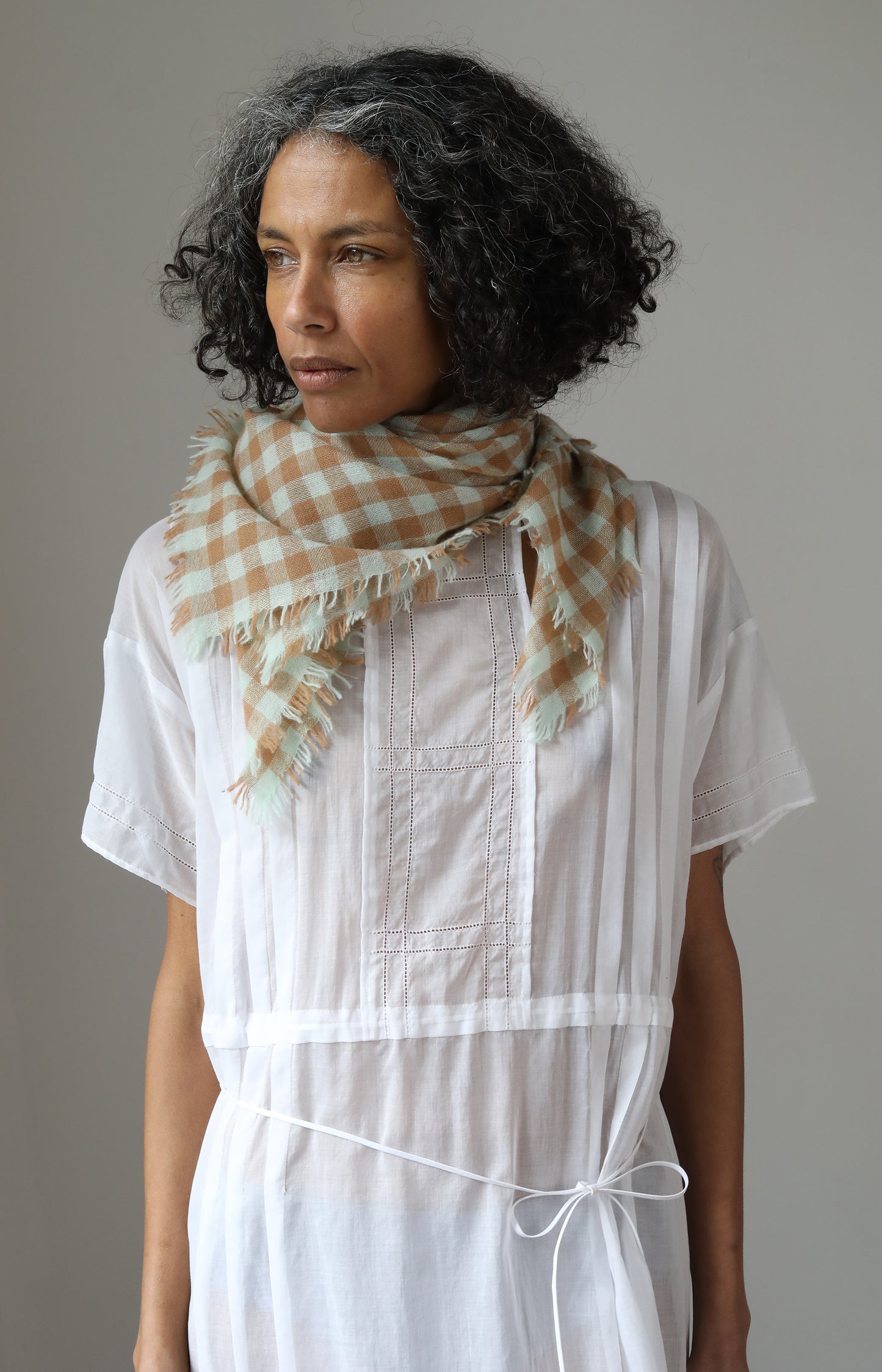 Seafoam & Camel Check Cashmere Scarf