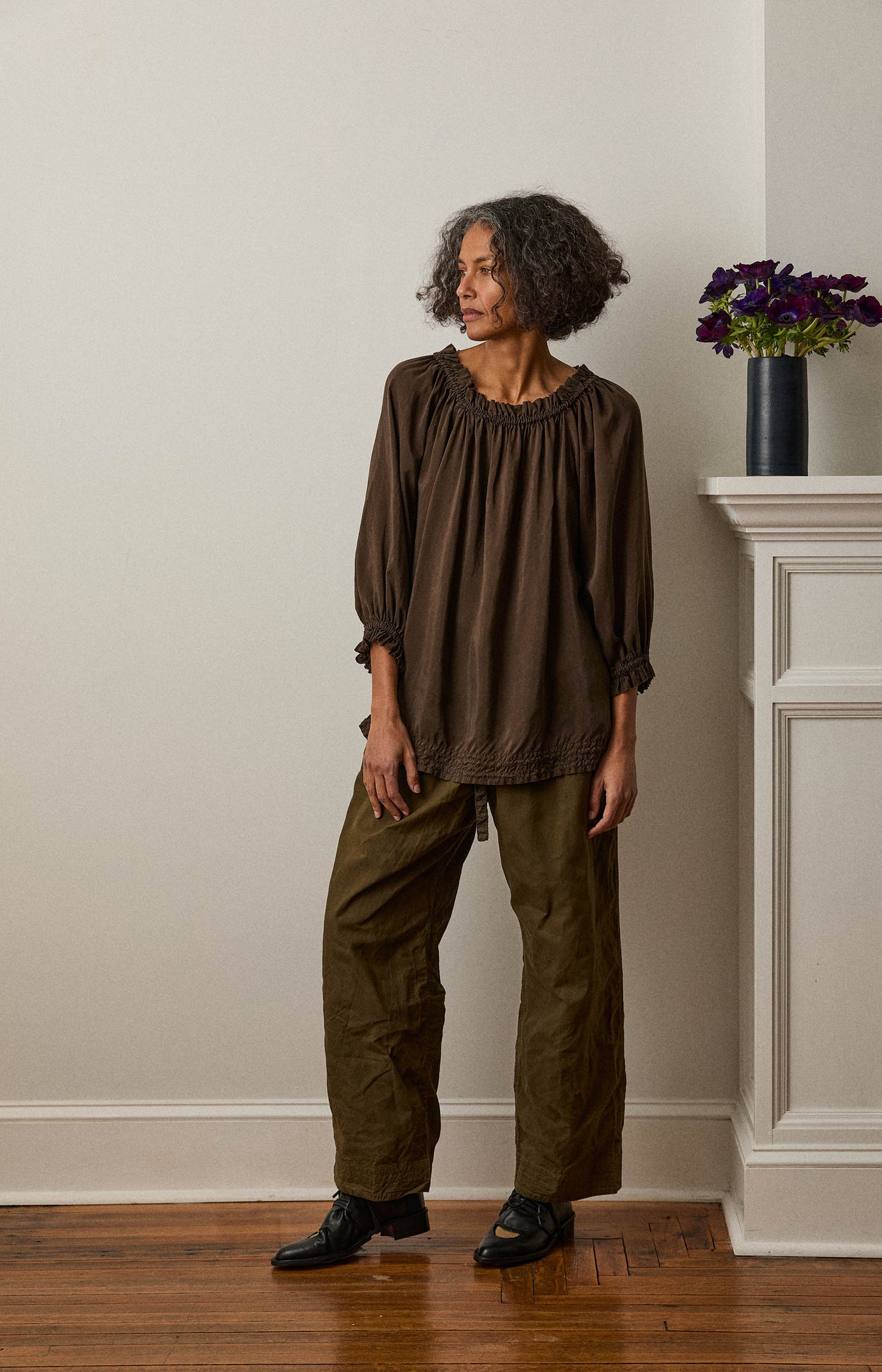 Khaki Brown Silk Kiiko Top