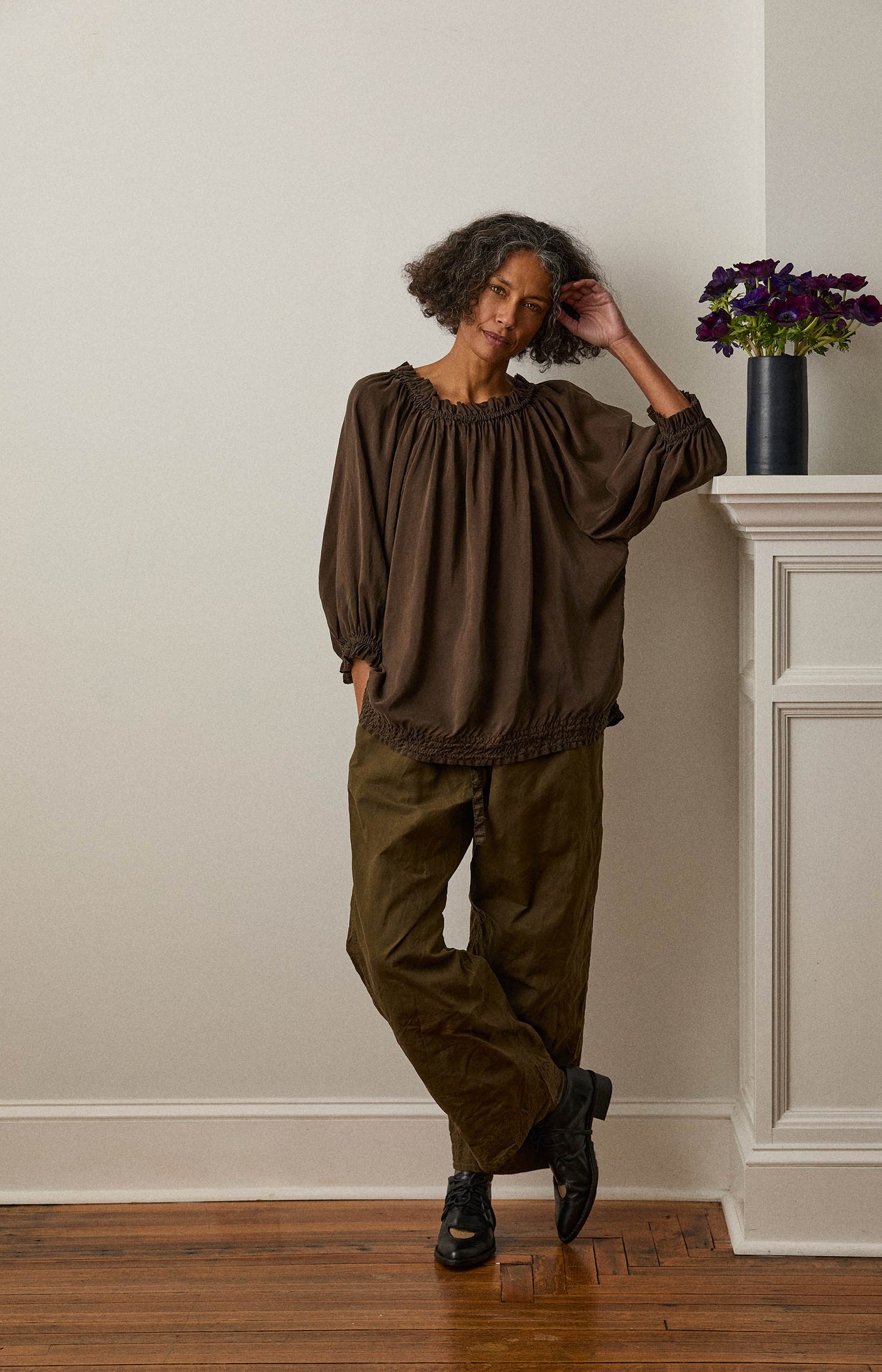 Khaki Brown Silk Kiiko Top