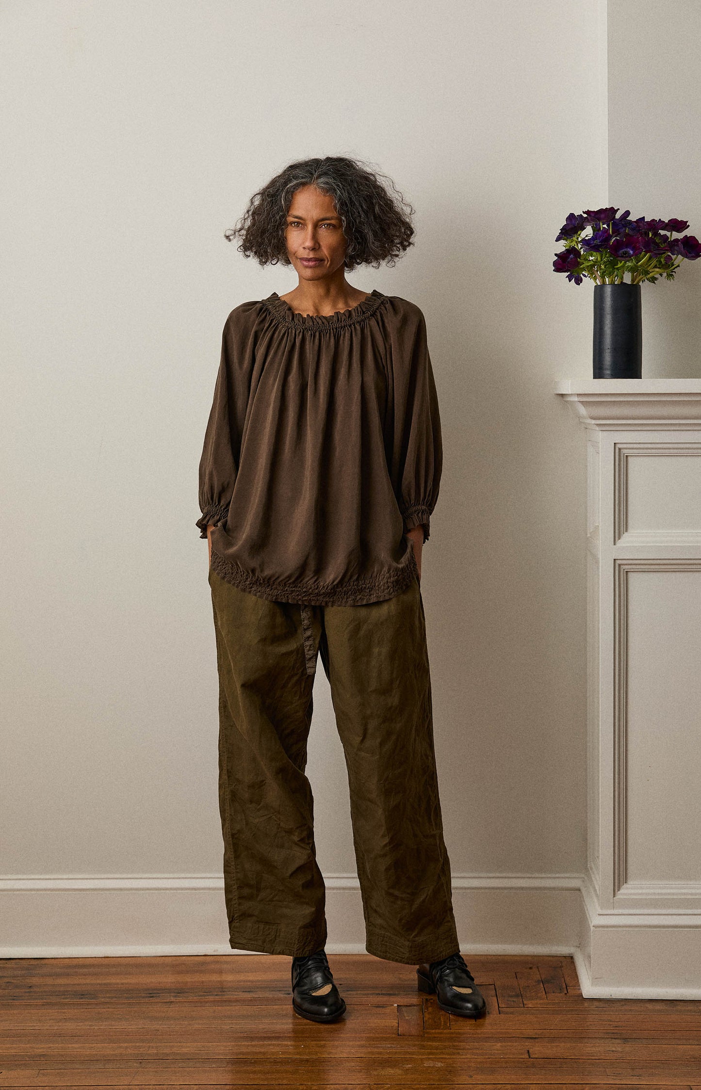 Khaki Brown Silk Kiiko Top