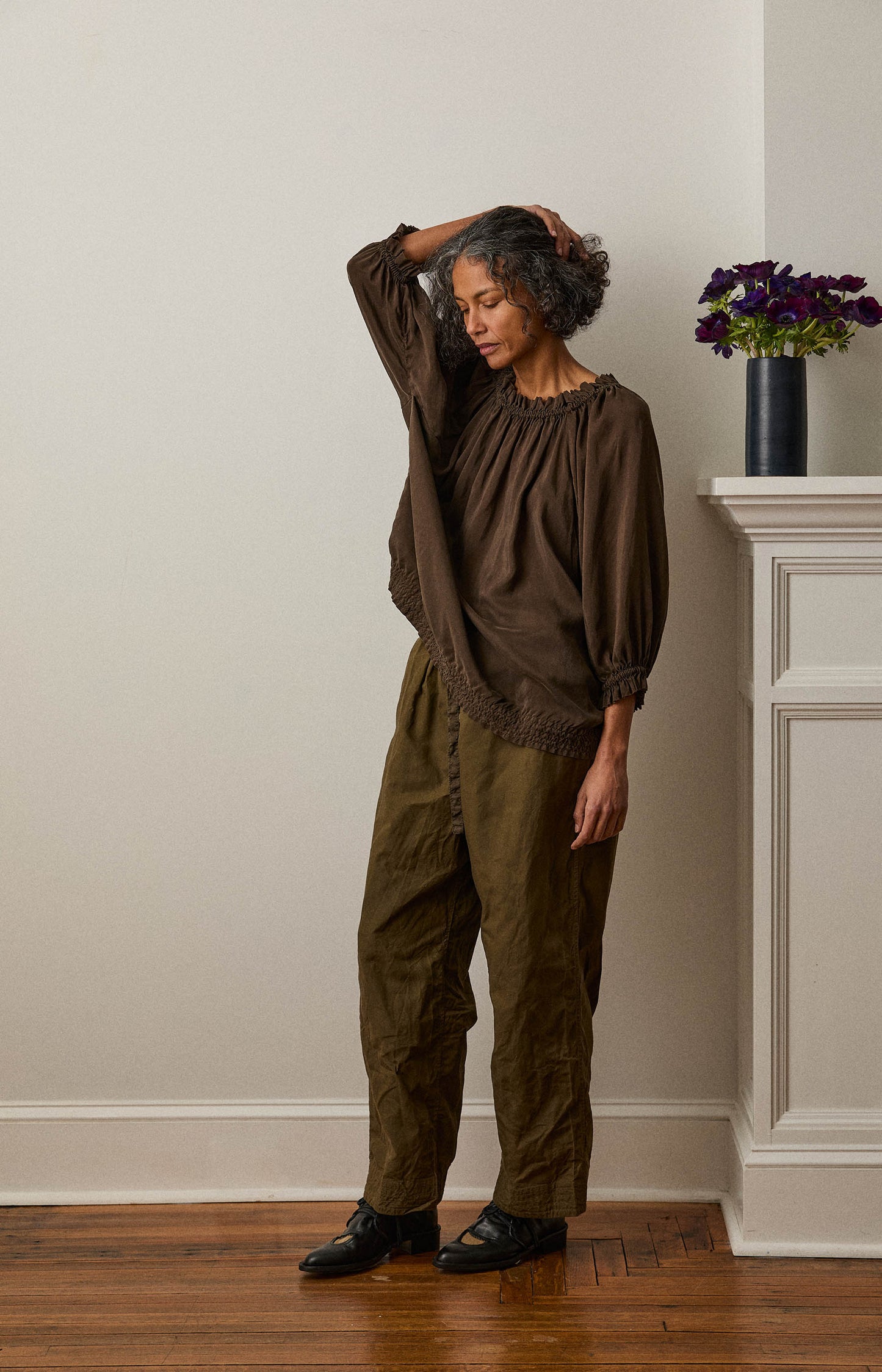 Khaki Brown Silk Kiiko Top