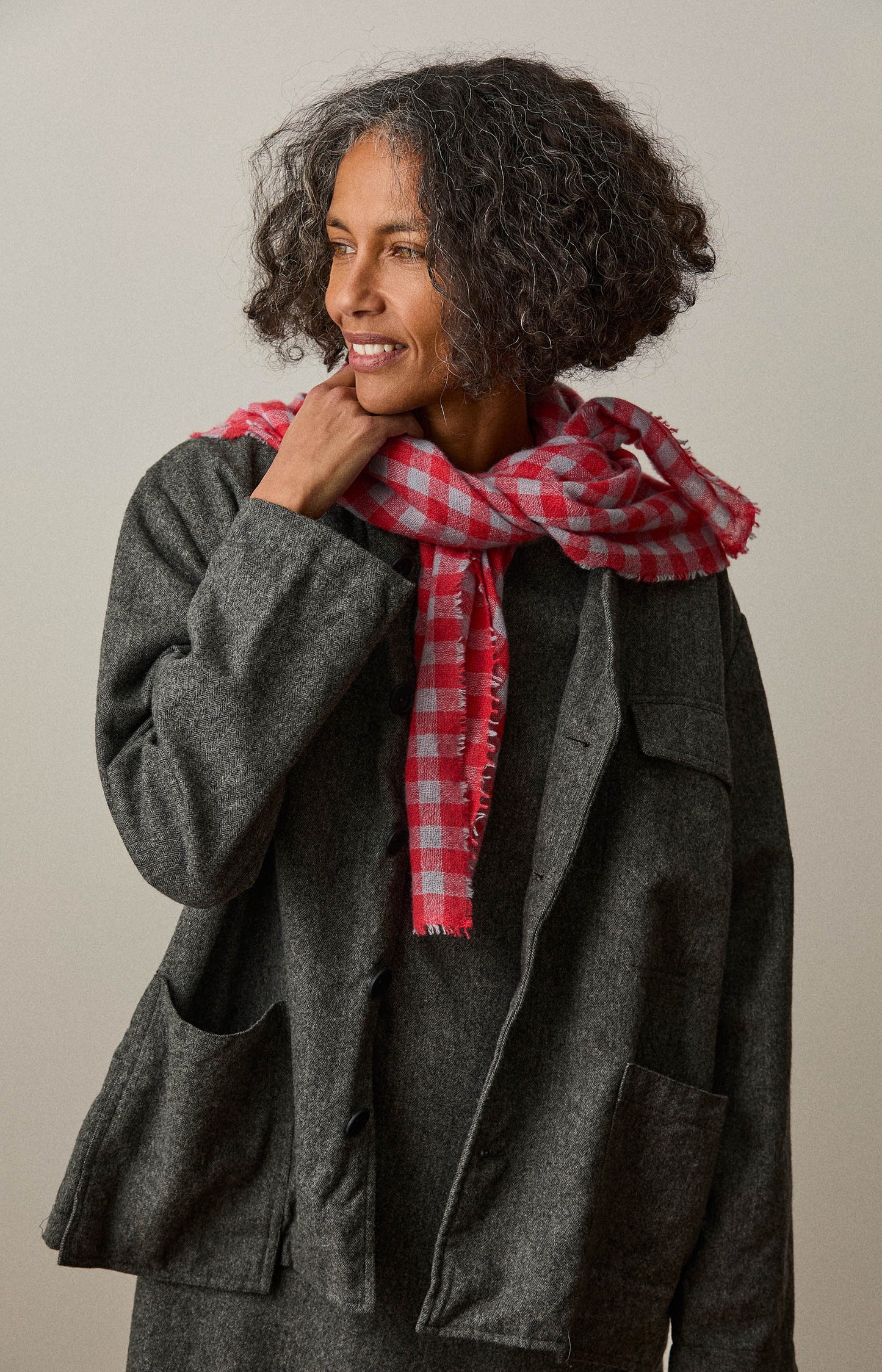 Berry & Pale Blue Check Cashmere Scarf