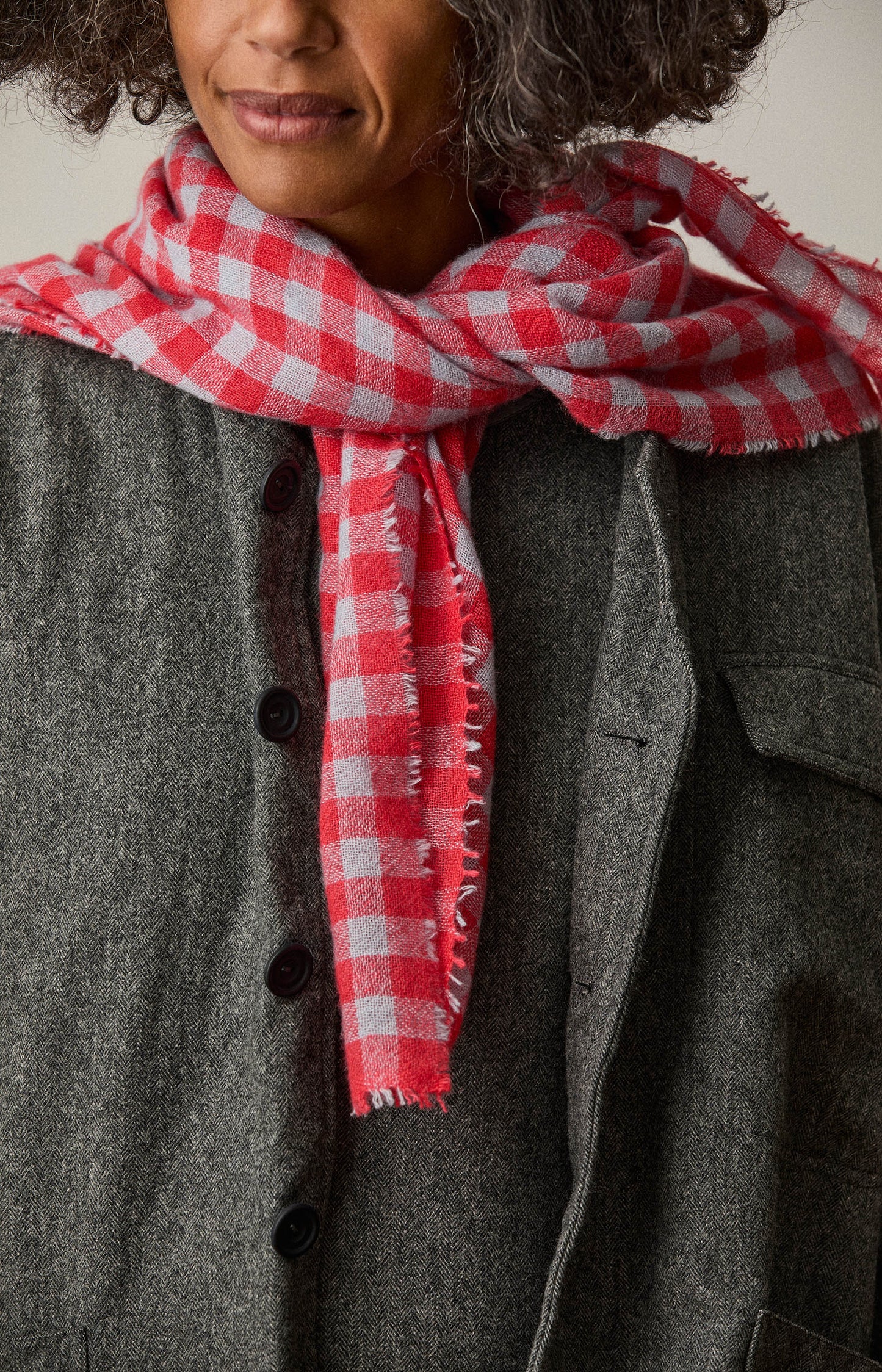 Berry & Pale Blue Check Cashmere Scarf
