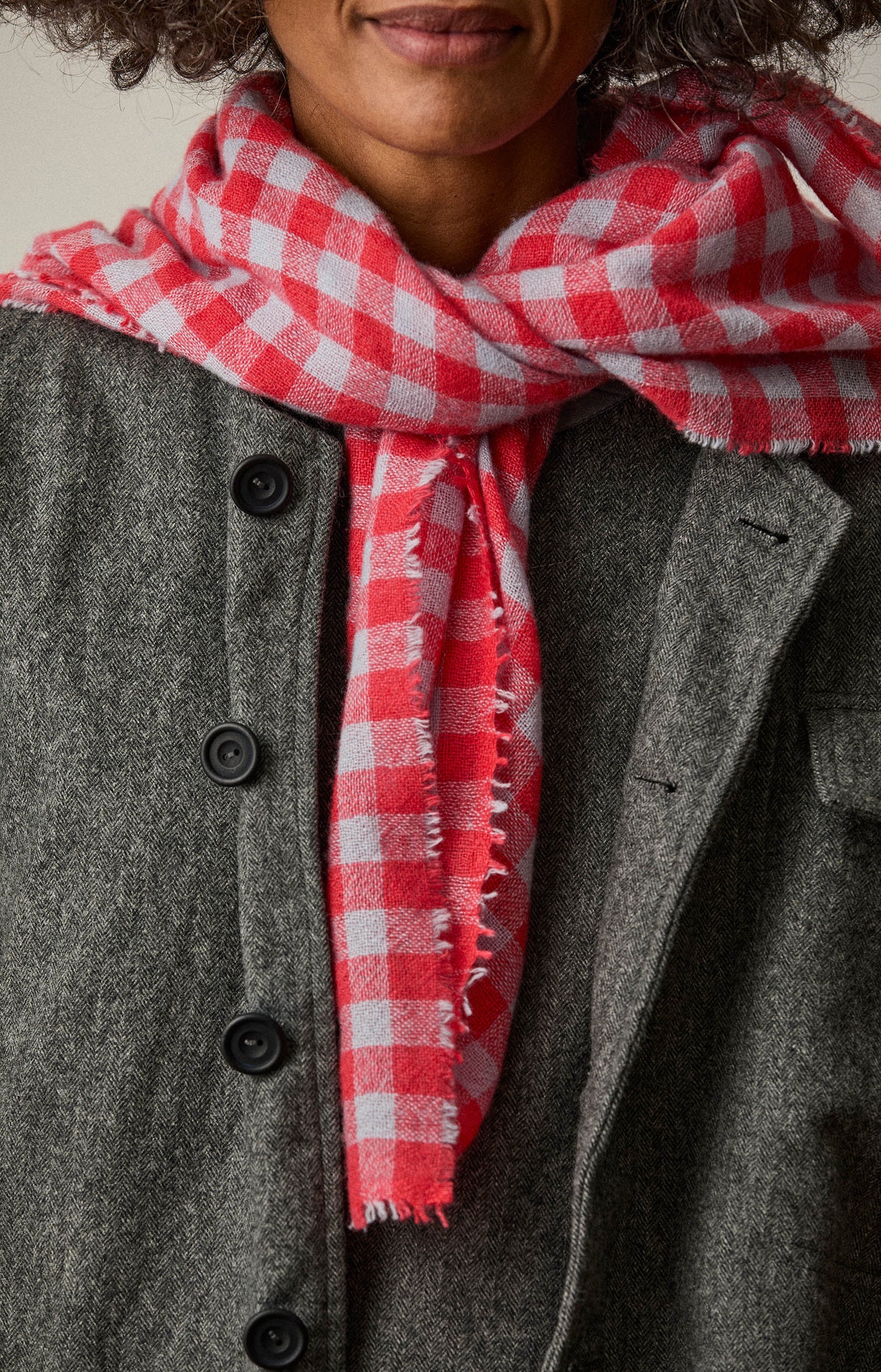 Berry & Pale Blue Check Cashmere Scarf