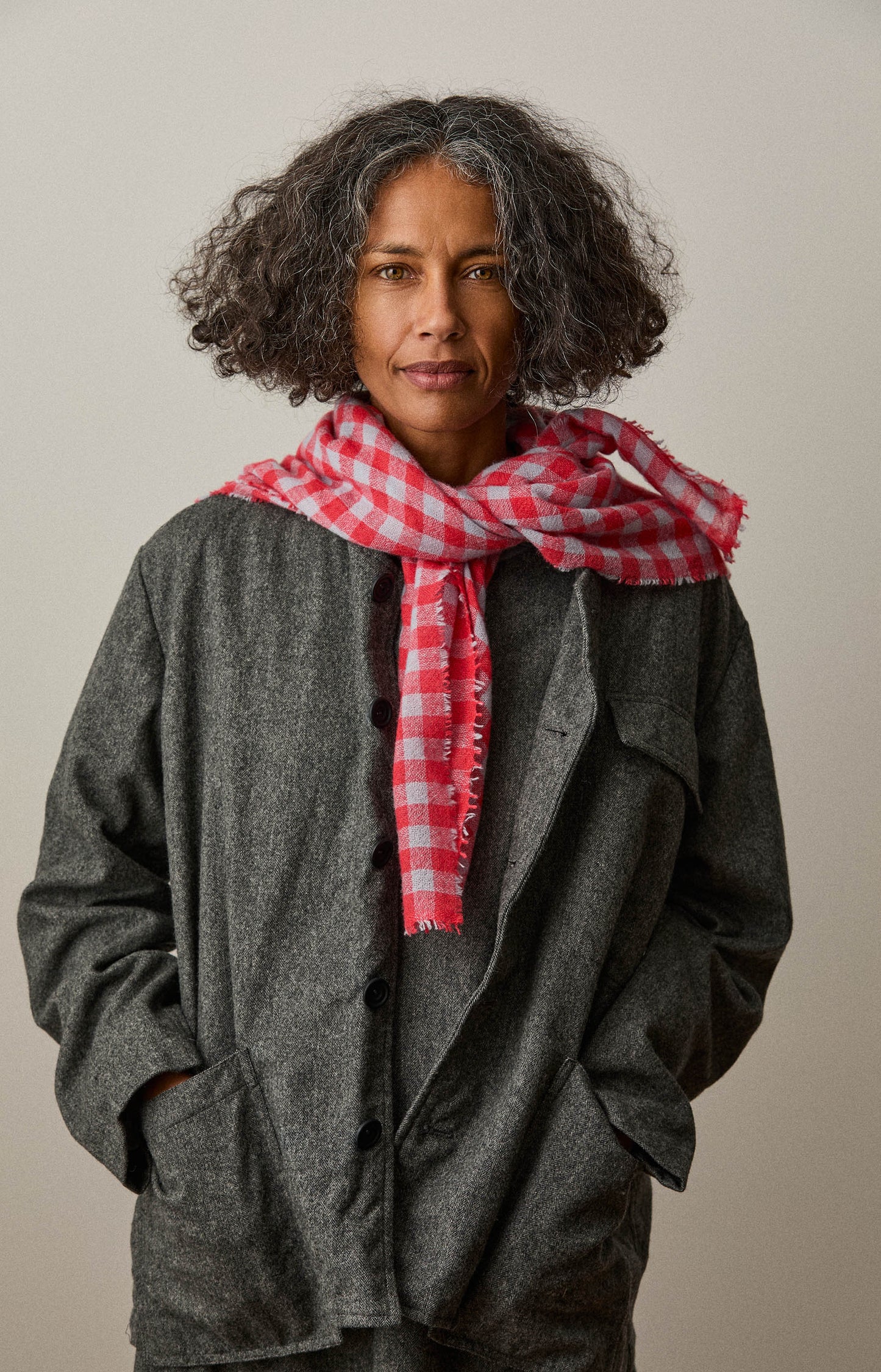 Berry & Pale Blue Check Cashmere Scarf
