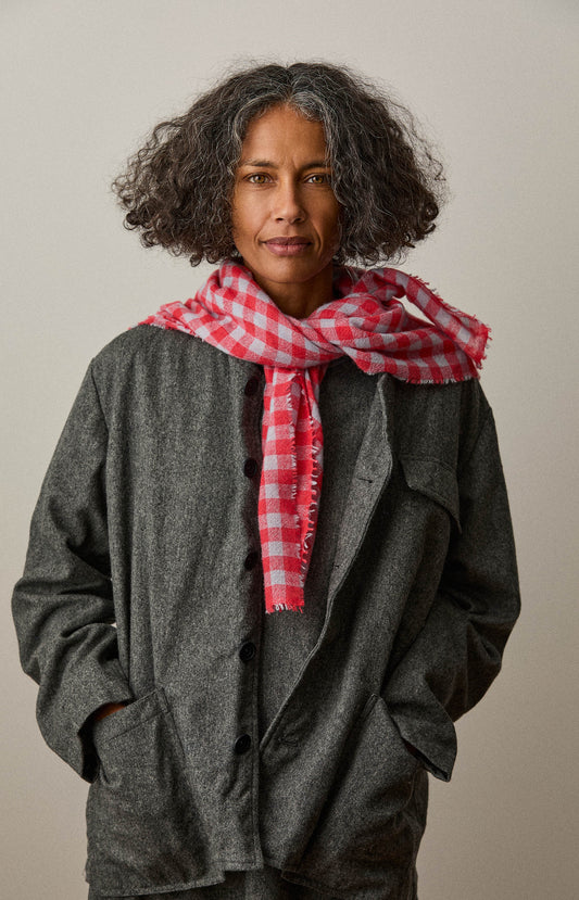 Berry & Pale Blue Check Cashmere Scarf
