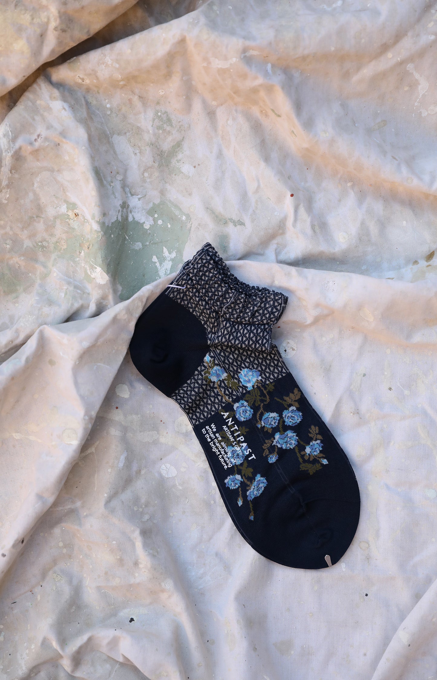 Navy Flowers on Basket Ankle Socks