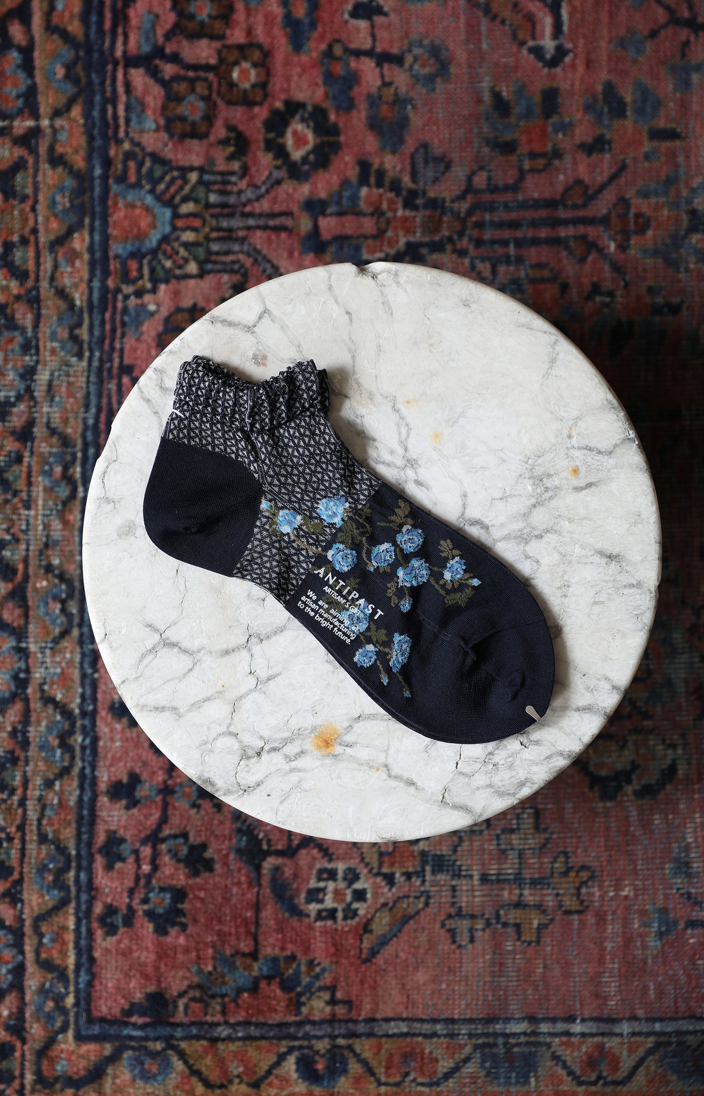 Navy Flowers on Basket Ankle Socks