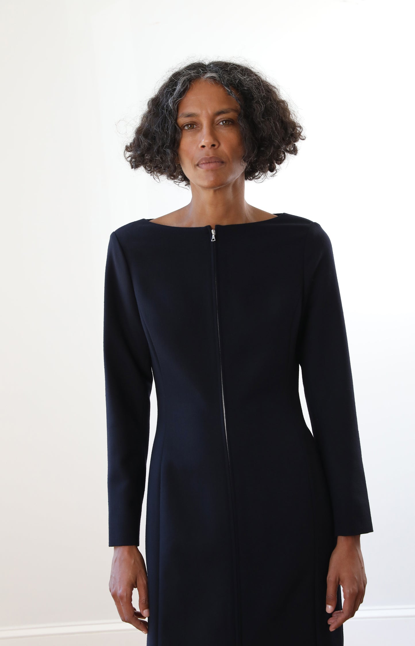 Navy Tense Wool Double Clothing Front Zip Dress