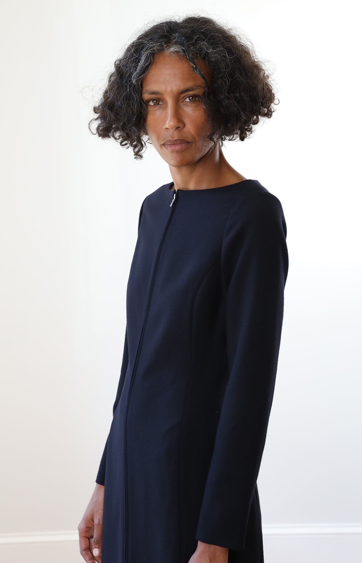 Navy Tense Wool Double Clothing Front Zip Dress