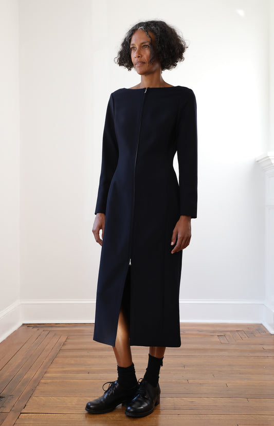 Navy Tense Wool Double Clothing Front Zip Dress