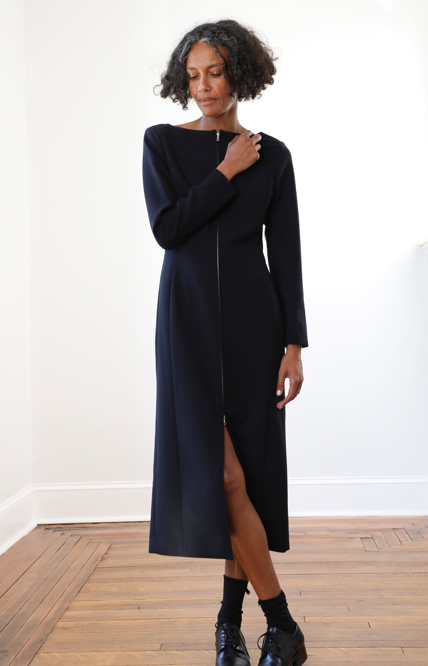 Navy Tense Wool Double Clothing Front Zip Dress