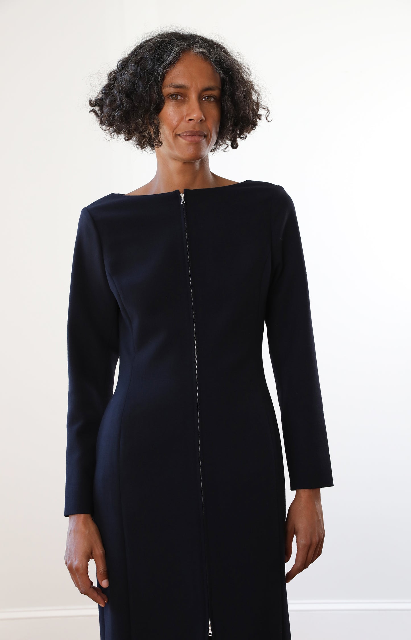 Navy Tense Wool Double Clothing Front Zip Dress