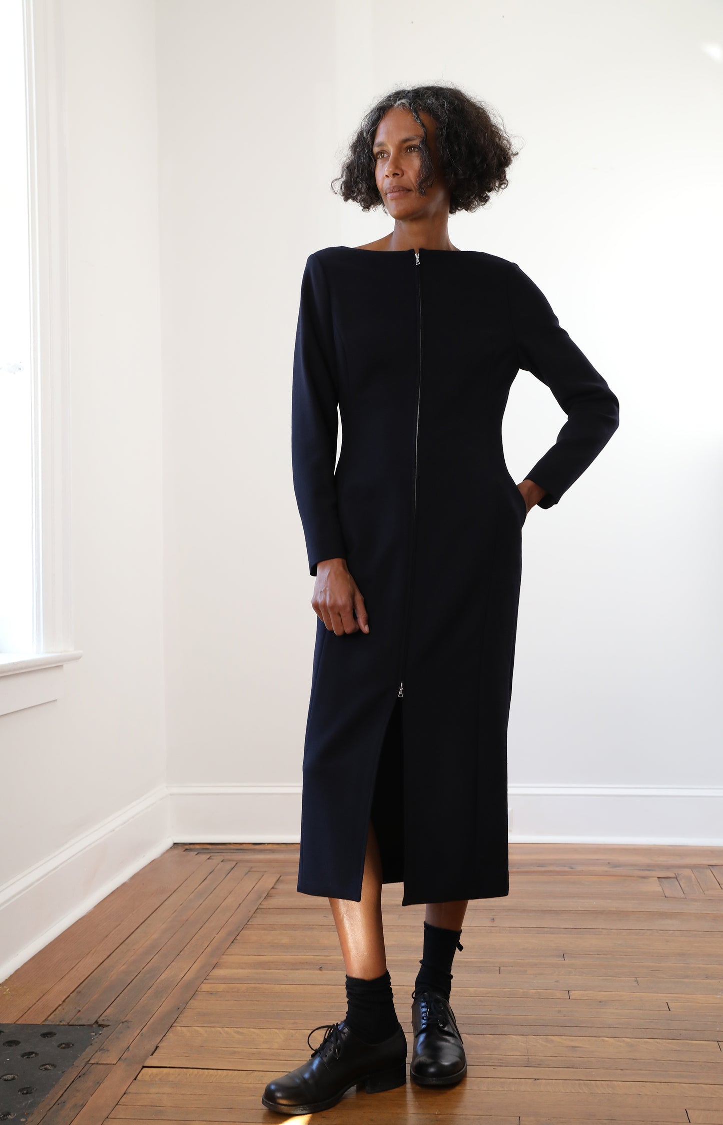 Navy Tense Wool Double Clothing Front Zip Dress