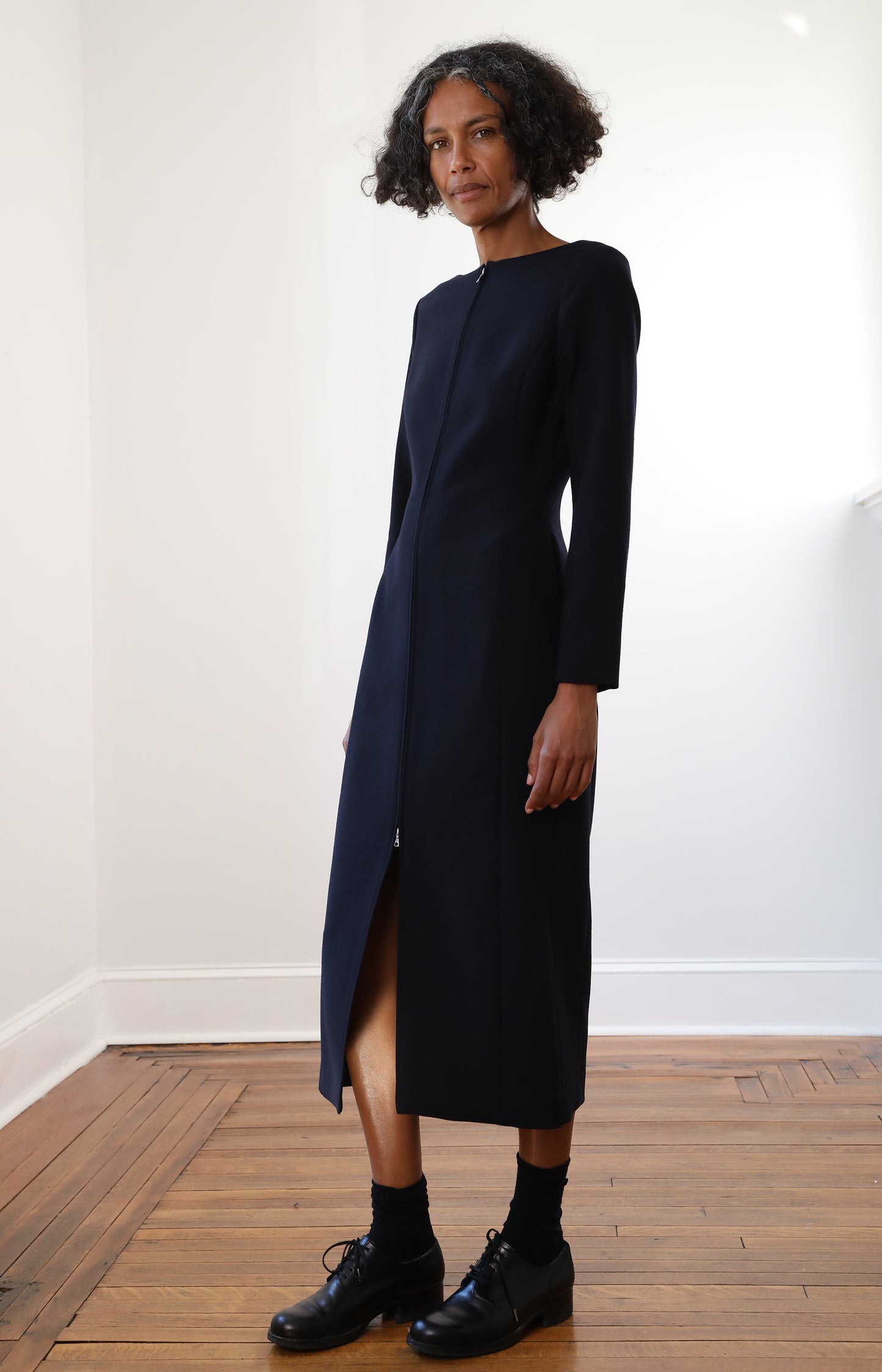 Navy Tense Wool Double Clothing Front Zip Dress
