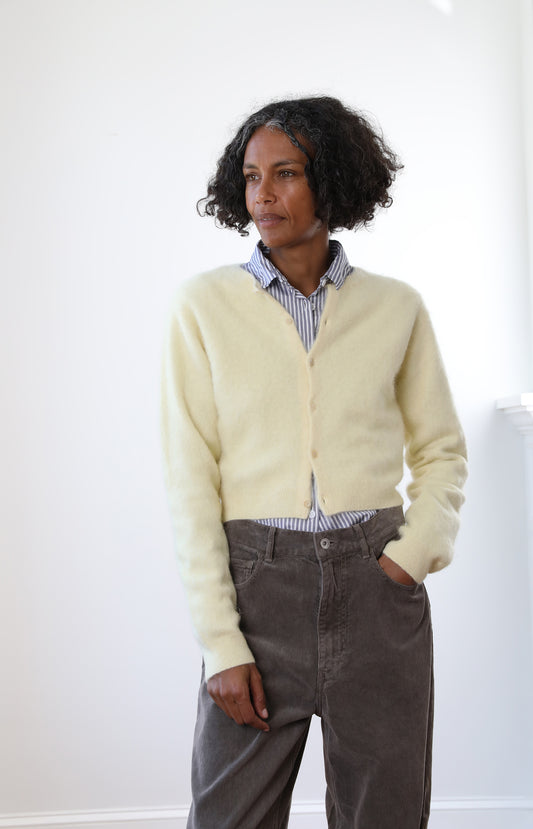 Garment-dyed Baby Alpaca Fur Knit Crew-neck Cardigan