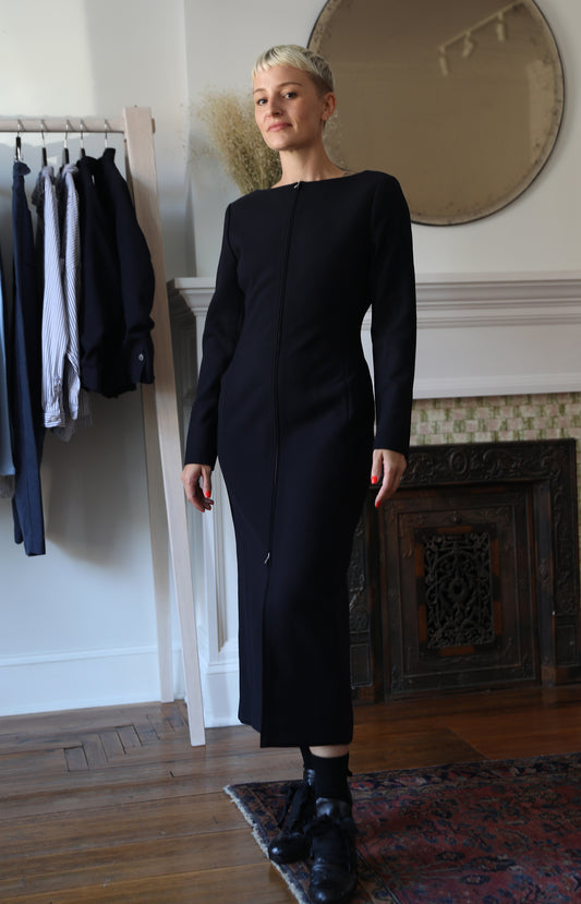 Navy Tense Wool Double Clothing Front Zip Dress