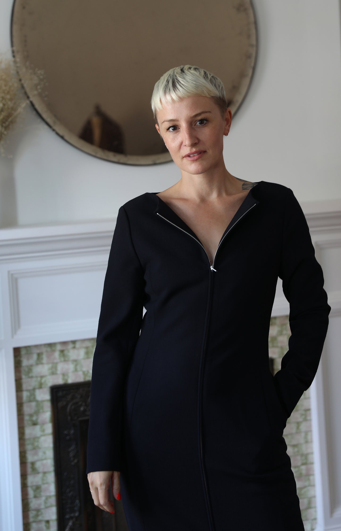 Navy Tense Wool Double Clothing Front Zip Dress