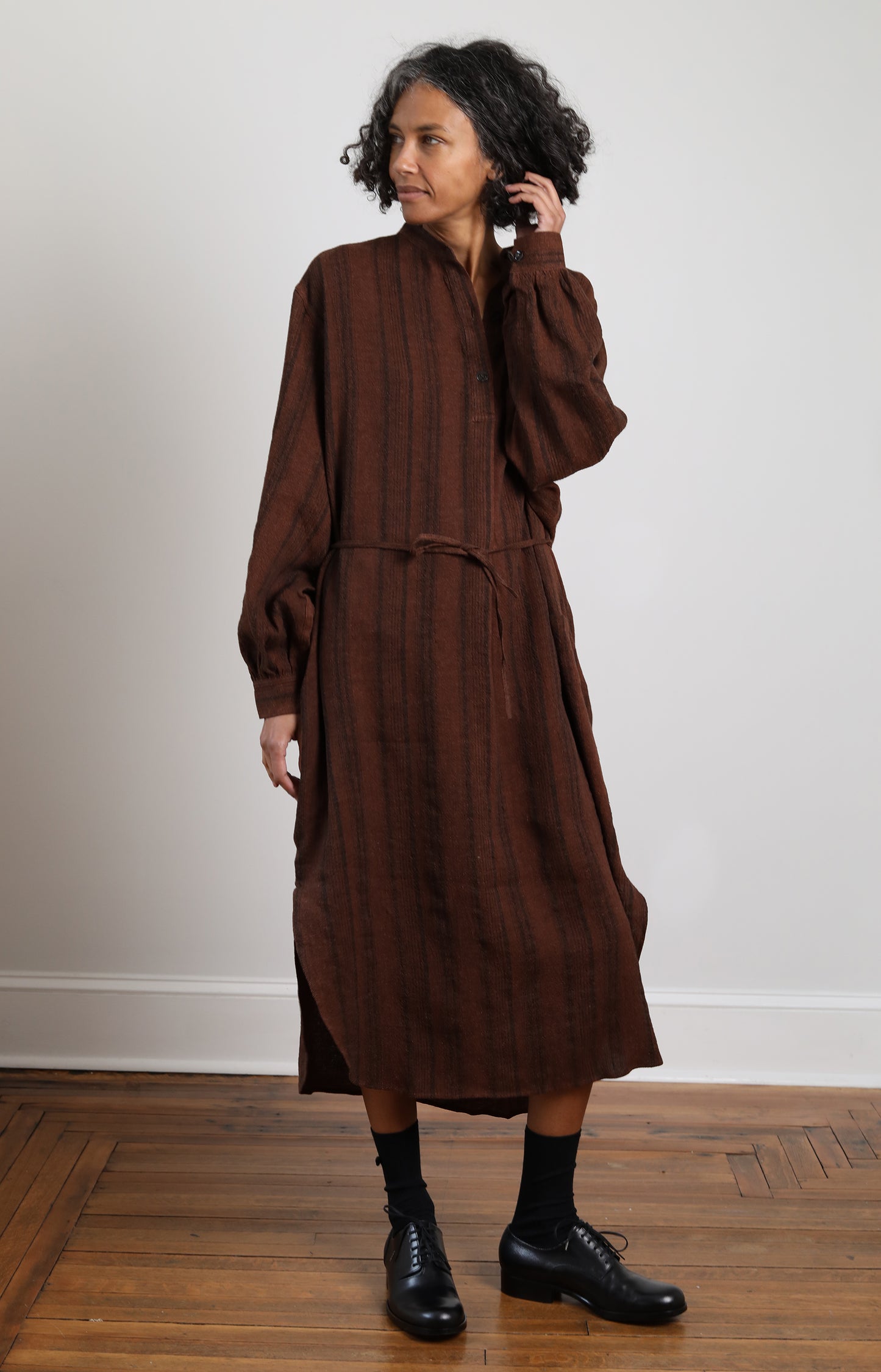 Umber Linen Silk Stripe Shirt Dress