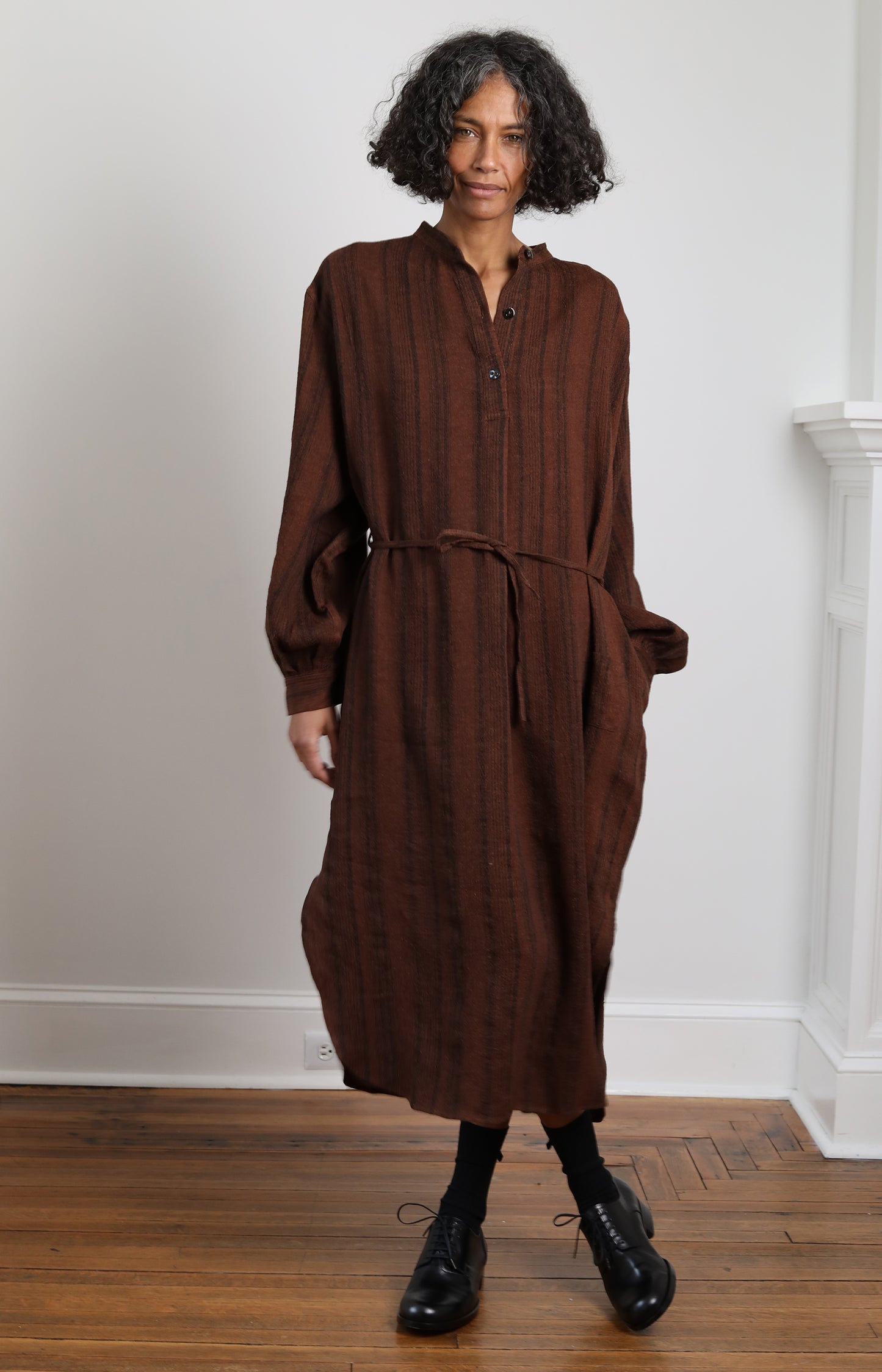 Umber Linen Silk Stripe Shirt Dress