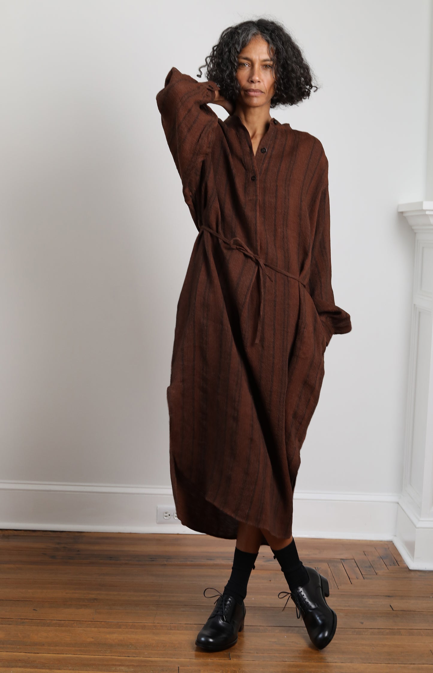 Umber Linen Silk Stripe Shirt Dress