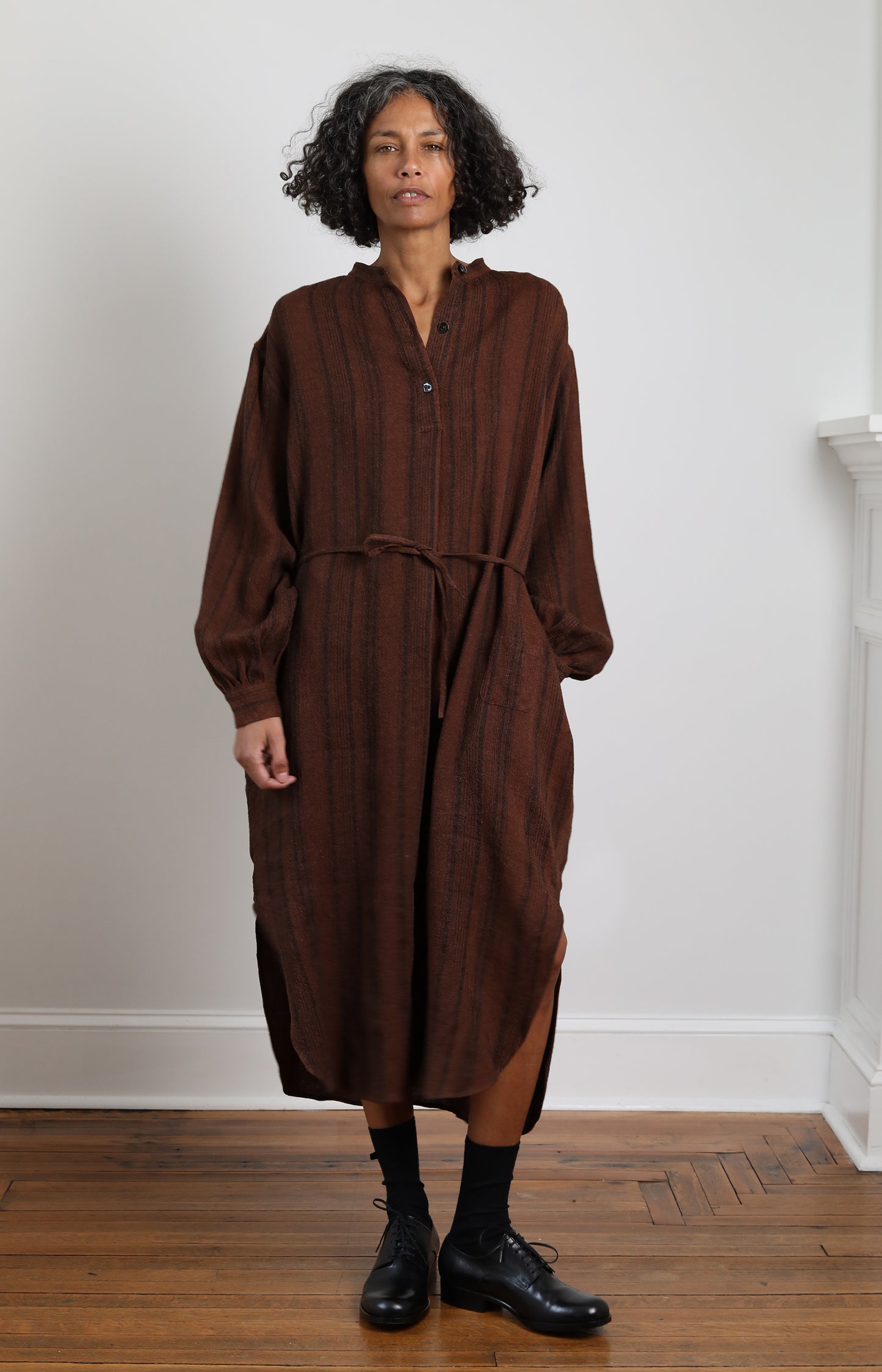 Umber Linen Silk Stripe Shirt Dress