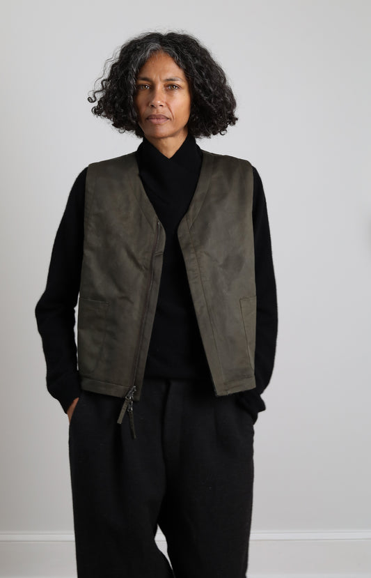 Charcoal Wool & Dark Moss Zip Up Vest