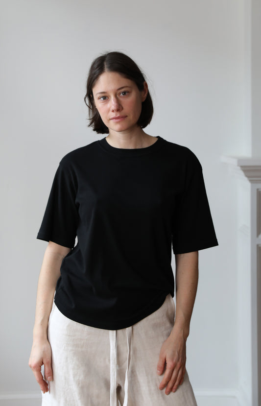Black Cotton Silk Relaxed Tee