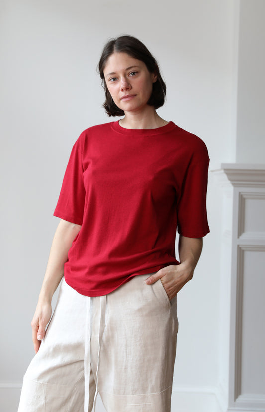 Red Cotton Silk Relaxed Tee