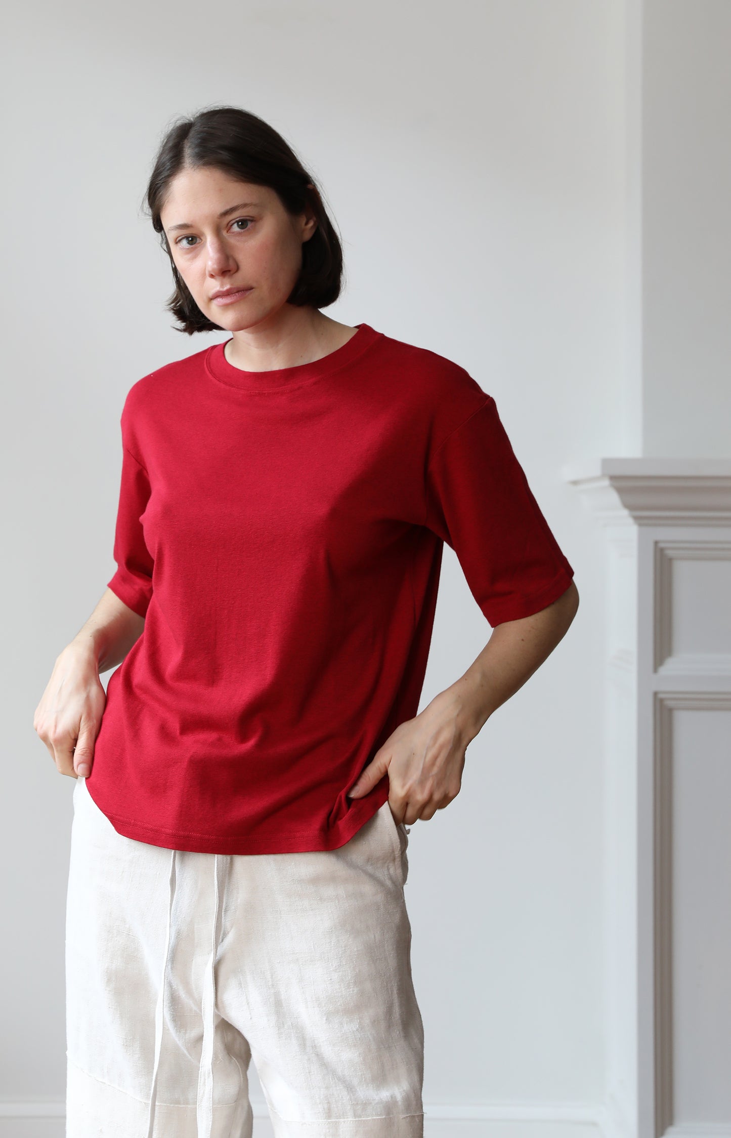 Red Cotton Silk Relaxed Tee