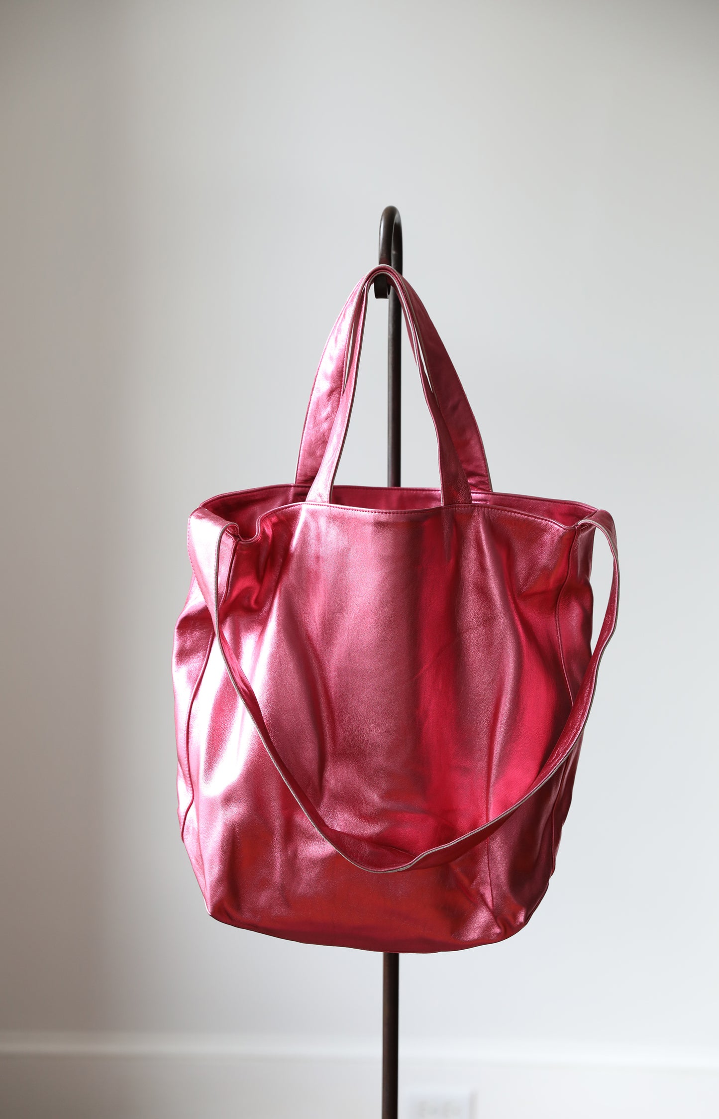 Metallic Pink Leather Tote Bag