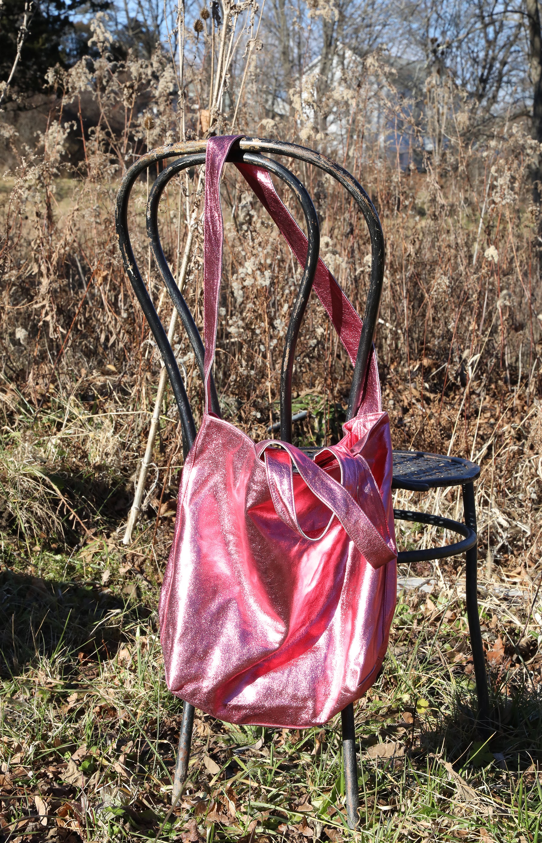 Metallic Pink Leather Tote Bag with deals Decorative Patches