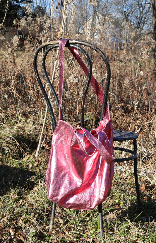 Metallic Pink Leather Tote Bag