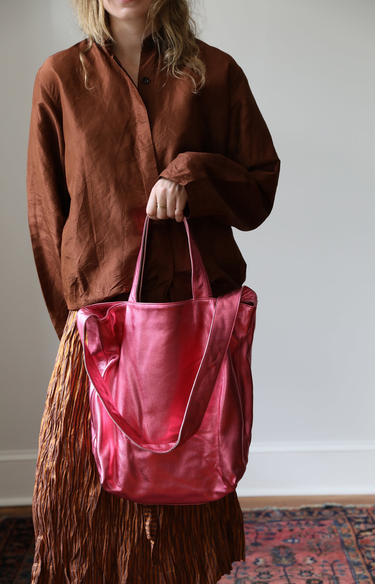 Metallic Pink Leather Tote Bag