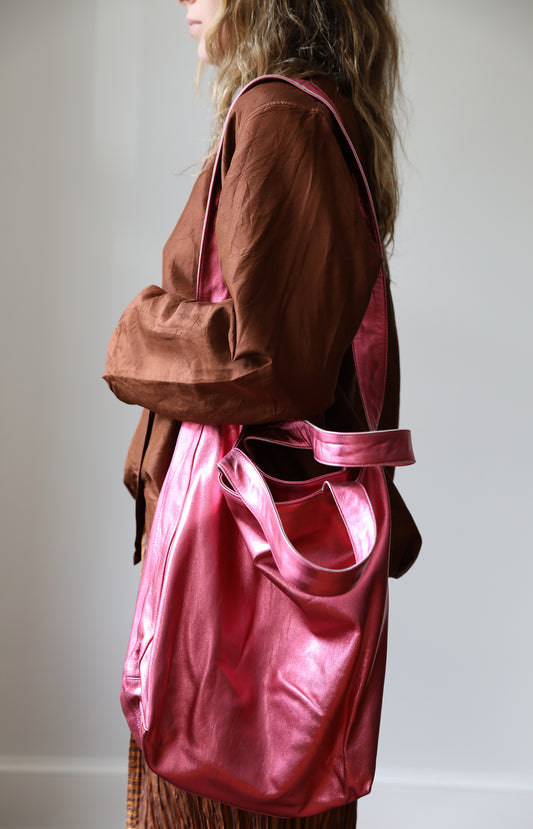 Metallic Pink Leather Tote Bag