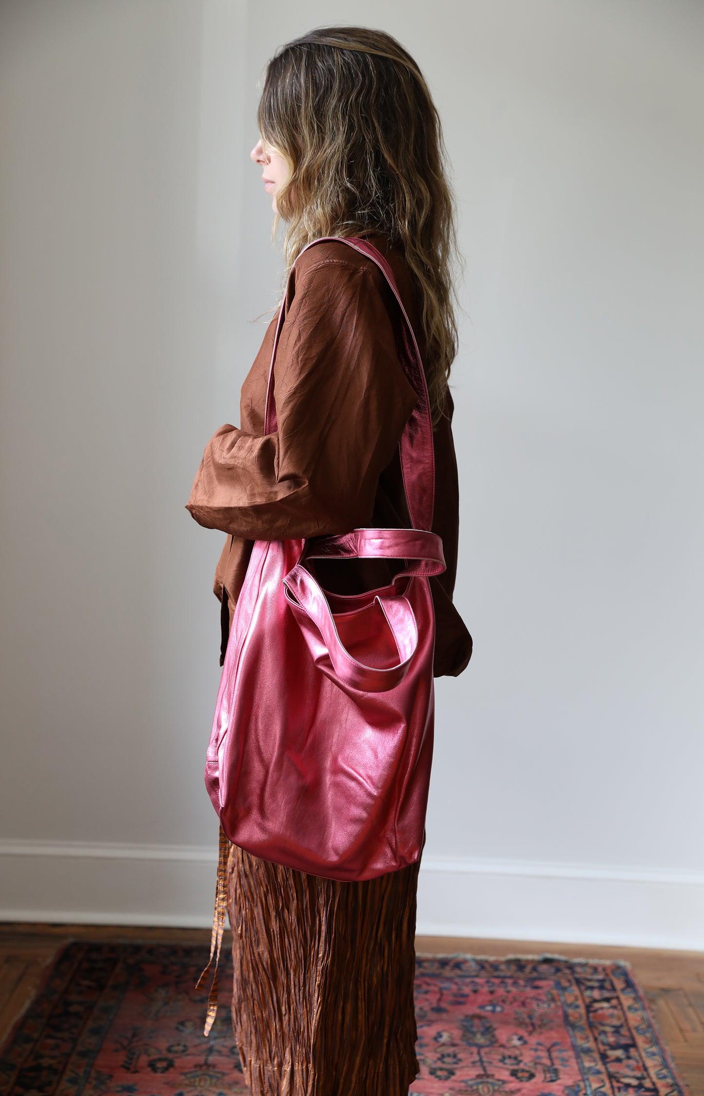 Metallic Pink Leather Tote Bag