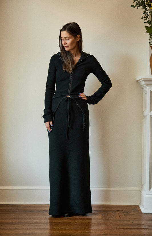 Black Drawstring Wool Skirt