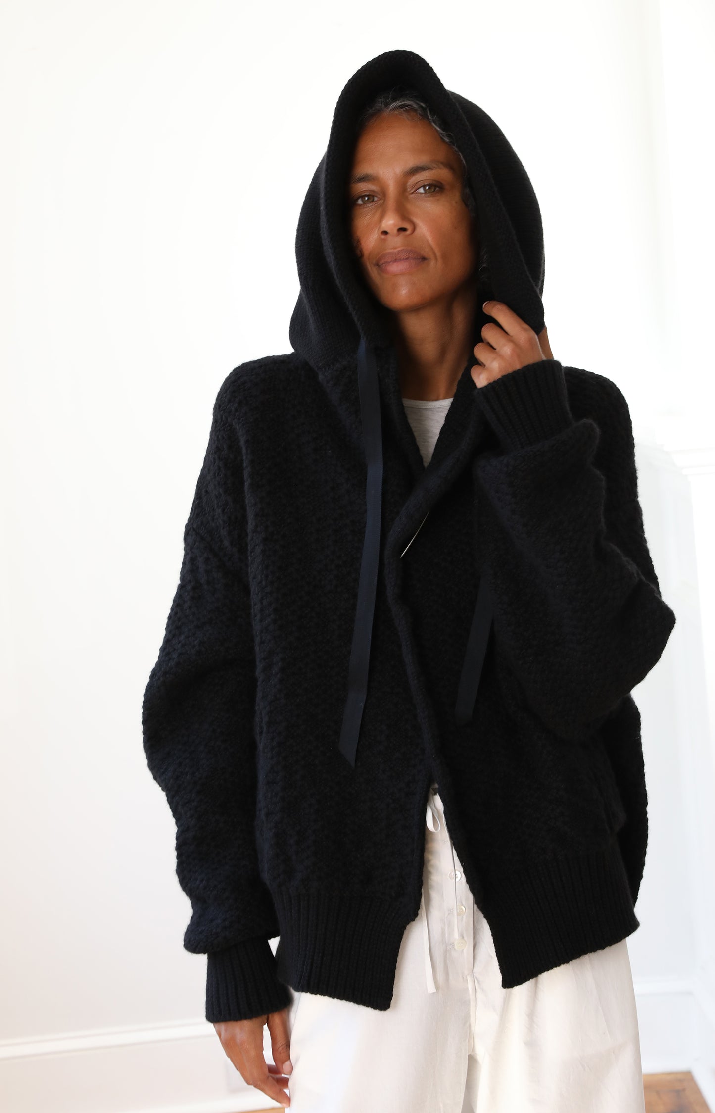 Black Cashmere Hooded Cardigan