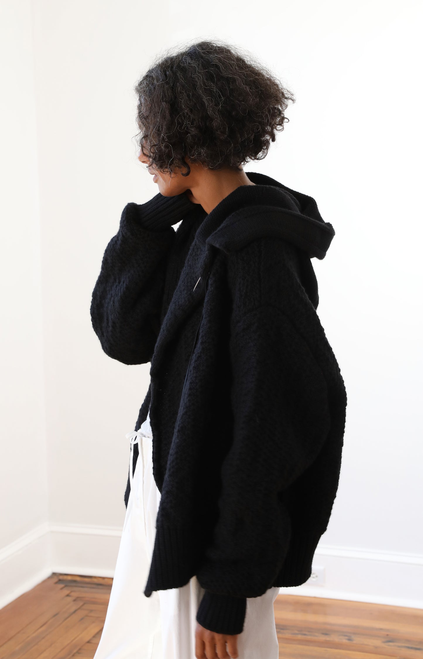 Black Cashmere Hooded Cardigan