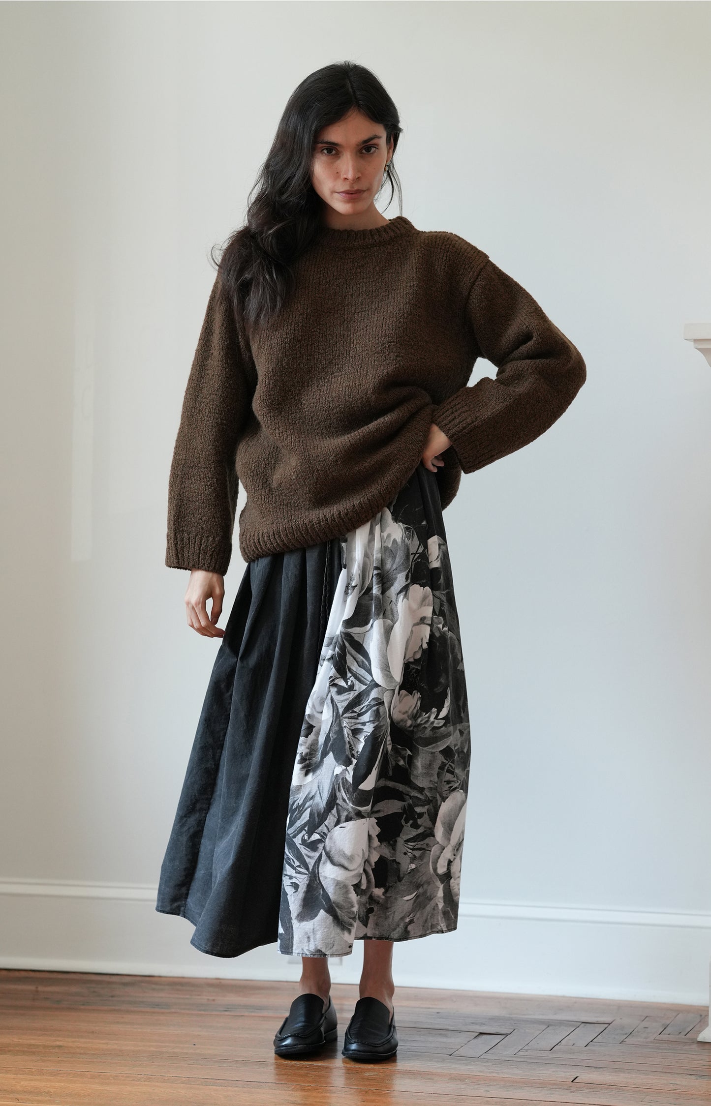 Black Handprinted Floral Skirt