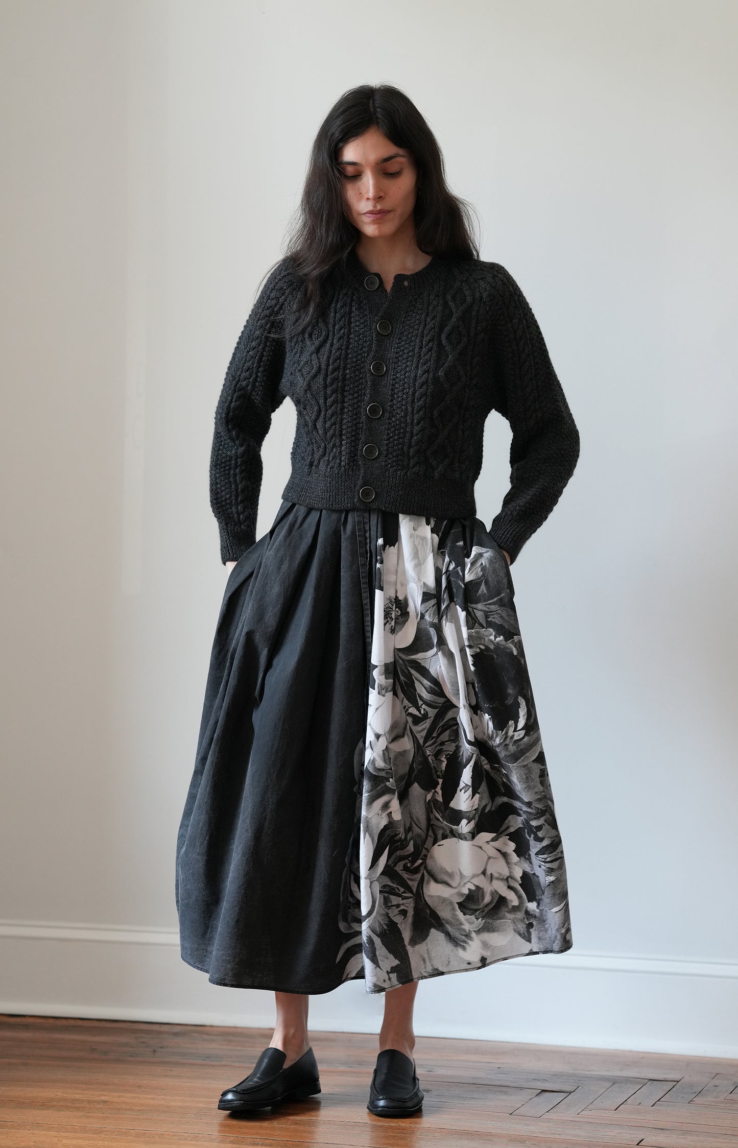 Black Handprinted Floral Skirt