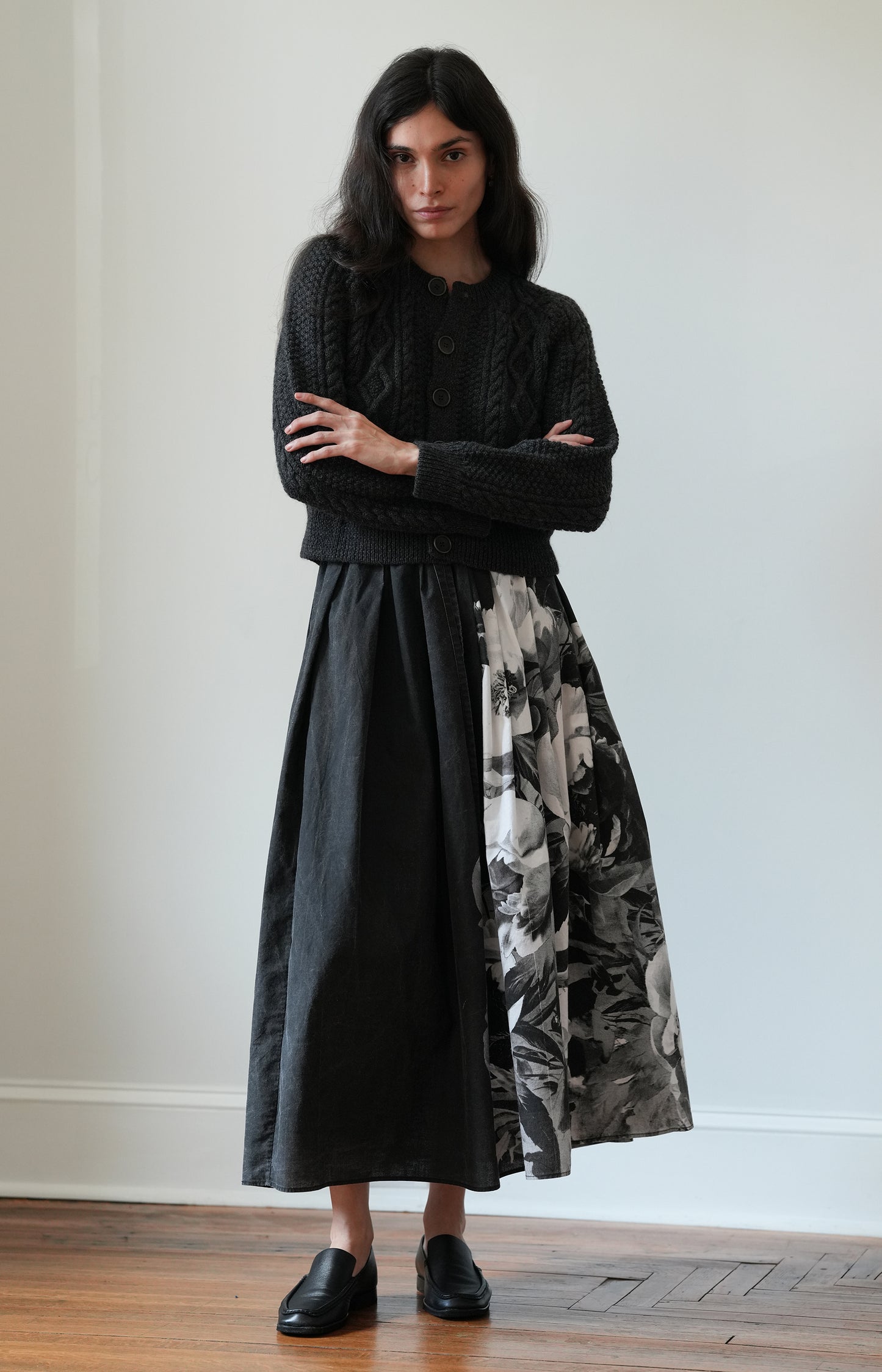 Black Handprinted Floral Skirt