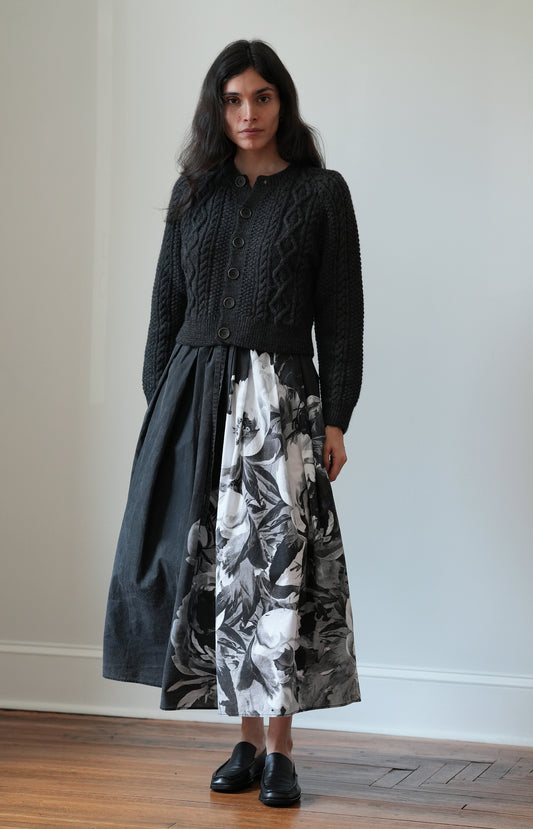 Black Handprinted Floral Skirt